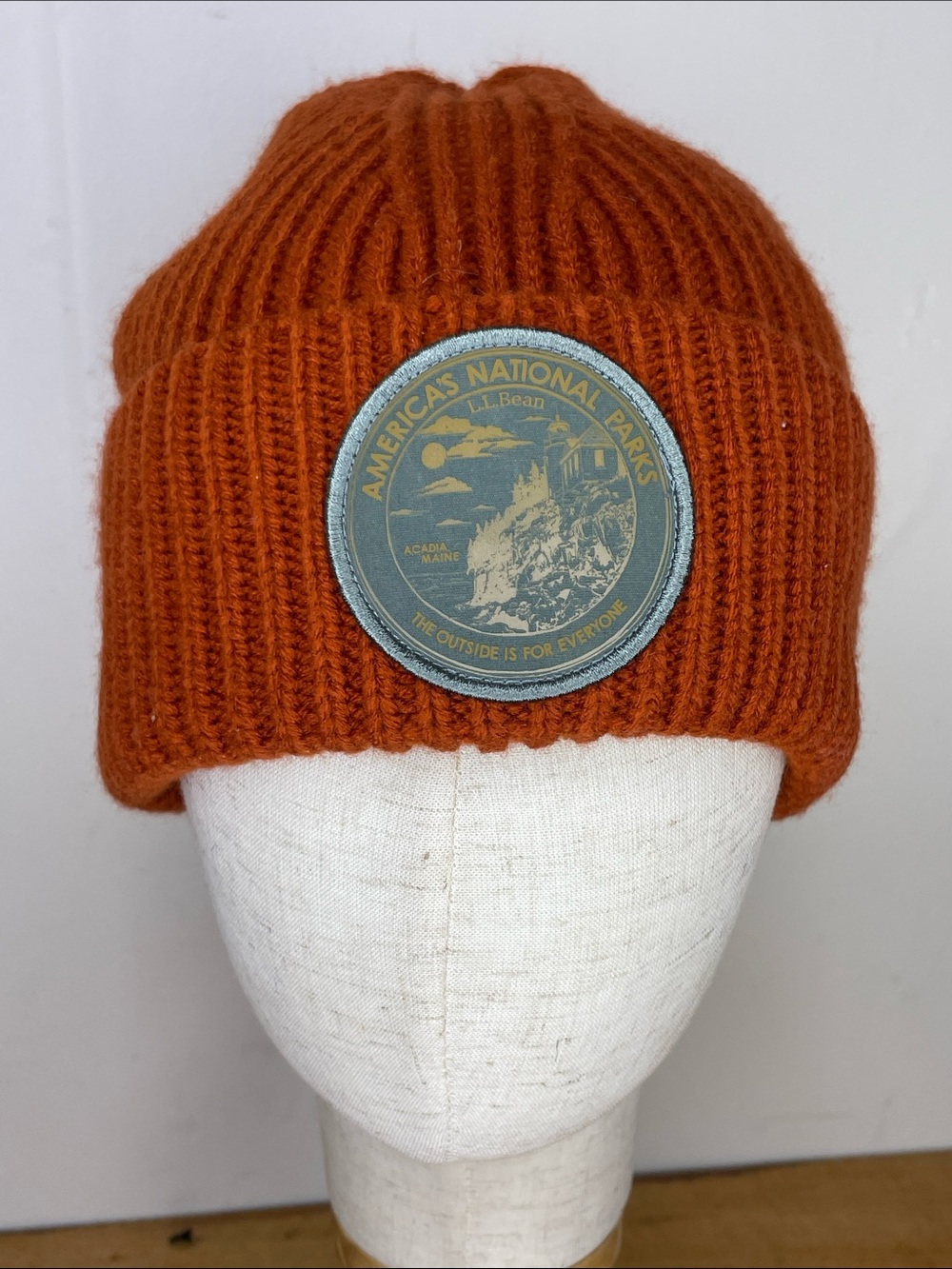 L.L. Bean Rust Orange Ribbed Knit Beanie with National Parks Patch